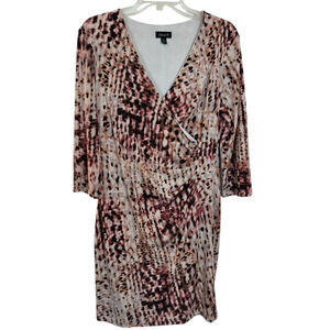 3567) Alexa B Pink  Abstract Surplice Neckline 3/4 Sleeve Ruched Sheath Dress 10